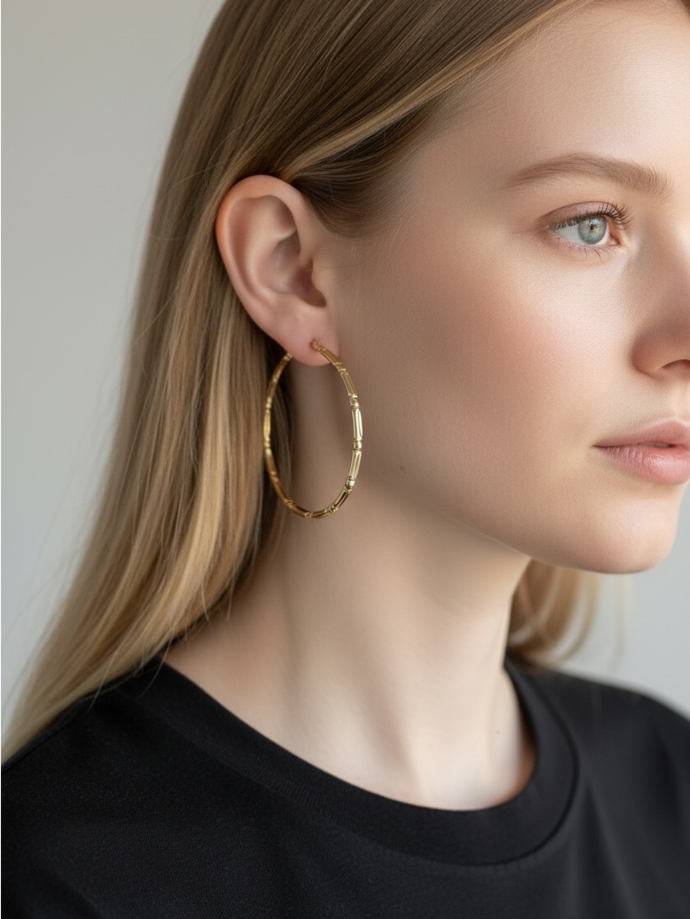 Gold Textured Bamboo Hoop Earrings - Women Jewelry Earrings